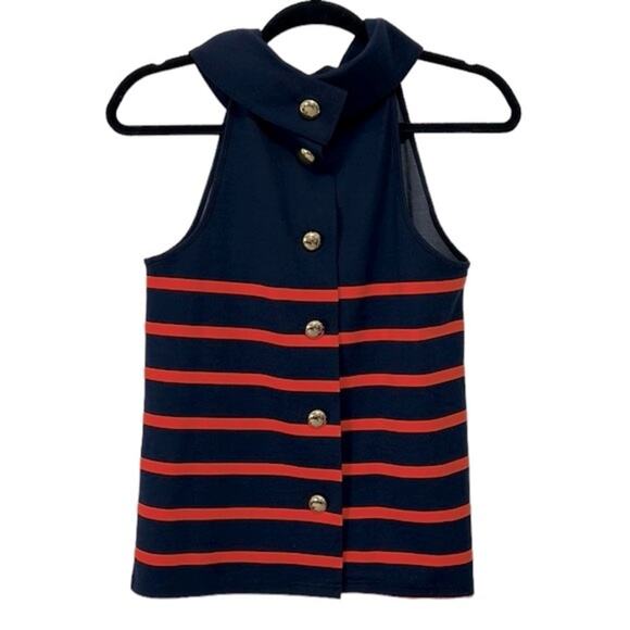 Sail to Sable Textured Knit Cowl Neck Top Navy and Orange/Red Stripe size XS - Picture 6 of 9